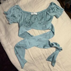 American Threads Blue Off-Shoulder Crop Top